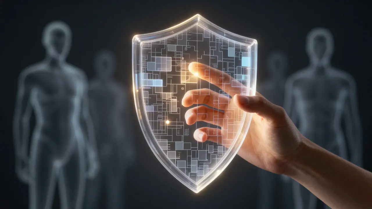 Human hand touching a digital shield blocking hidden AI threats
