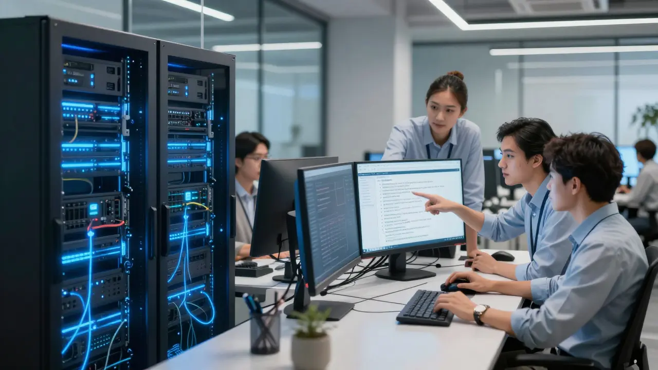 Human moderators working alongside AI servers in office