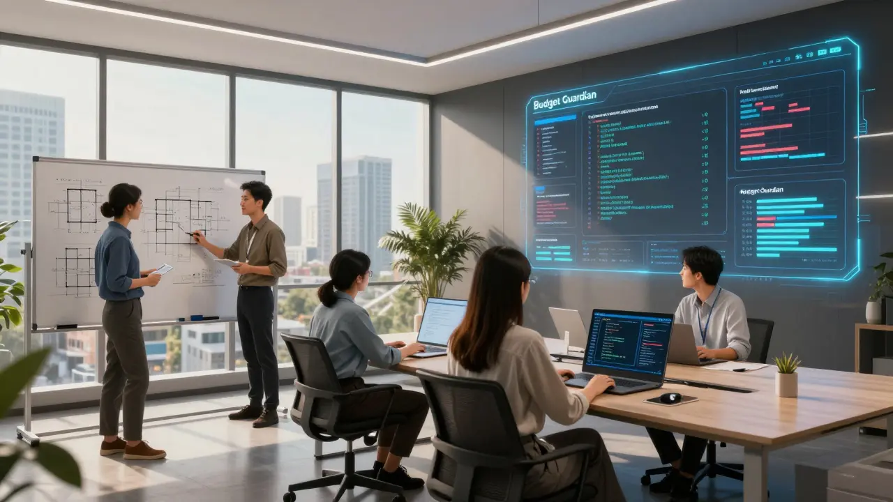 Hybrid team meeting blending human engineers and AI budgeting tools in a bright room.