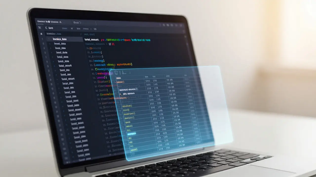 Laptop screen showing clean JSON code with holographic data flow