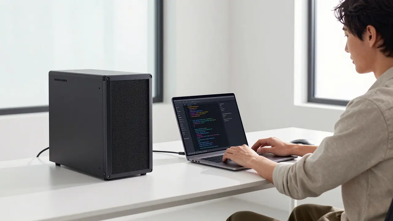 Minimalist workspace with local server setup, illustrating on-device AI processing for security.