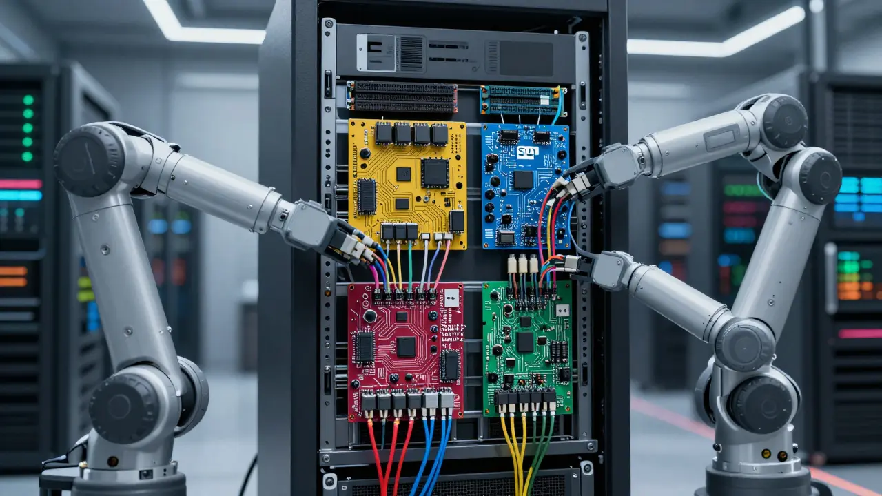 Modular server components being swapped in a data center showing adapter flexibility.