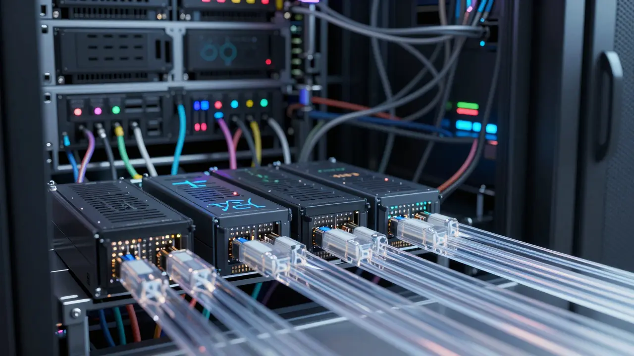 Ordered data flows in a server room, contrasting with chaotic legacy systems.
