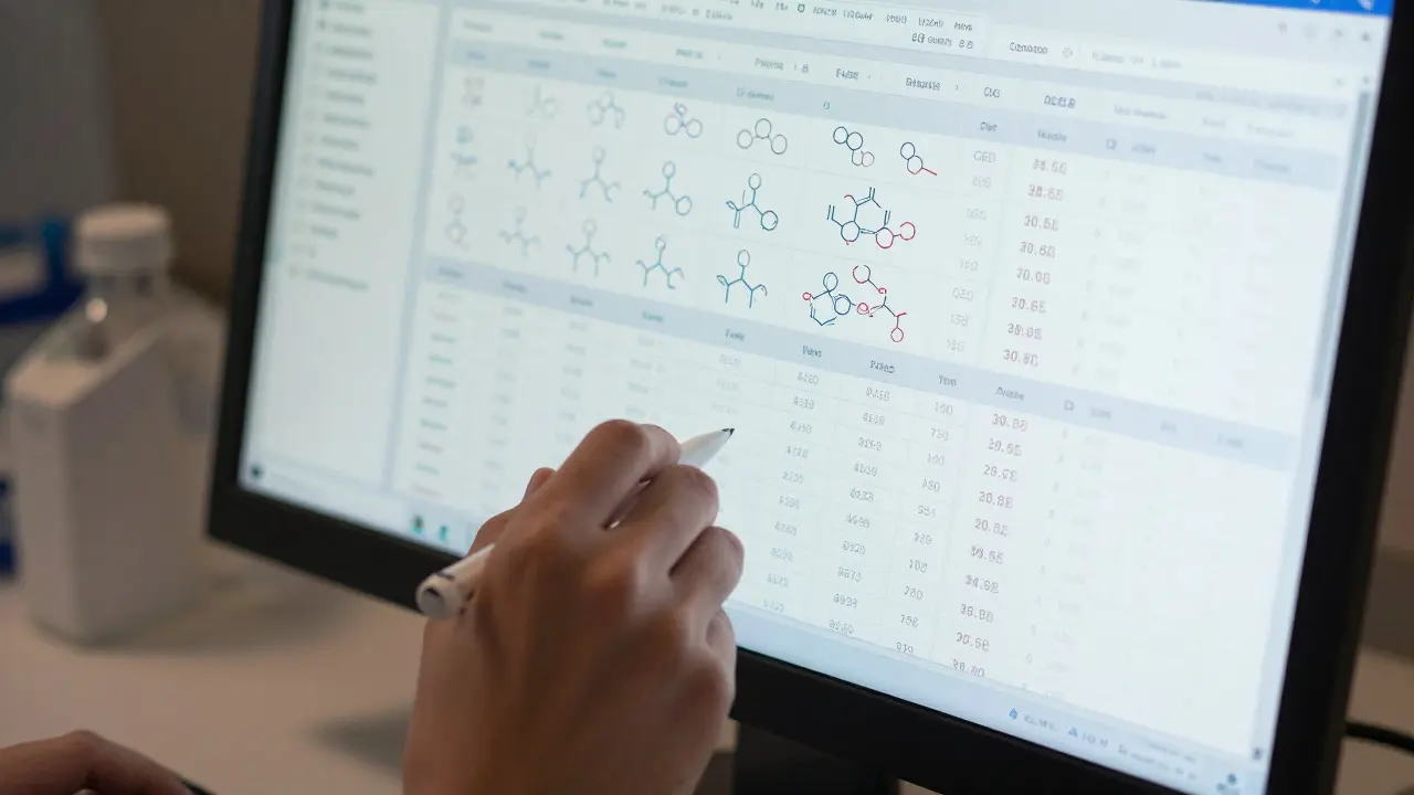 Researcher using a stylus on a digital lab notebook screen showing molecular data