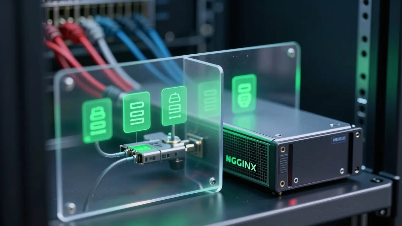 Reverse proxy server blocking unauthorized data packets in a hyperrealistic style.
