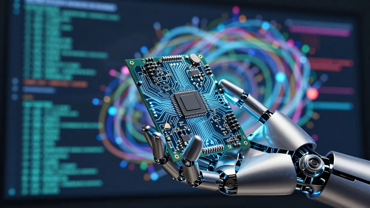 Robotic hand holding circuit board, contrasting order vs chaos in AI models