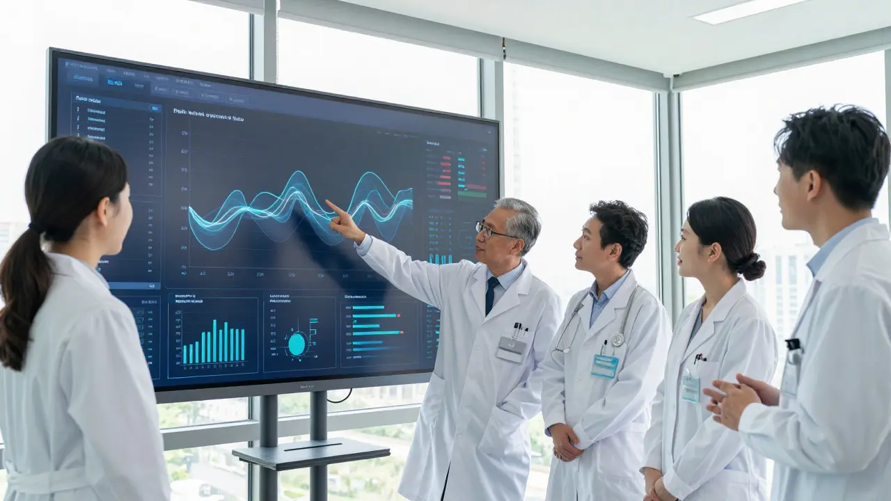 Scientists reviewing clinical trial data visualizations on a large digital display screen.