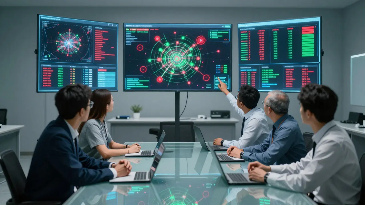 Security team analyzing AI risk data on holographic displays