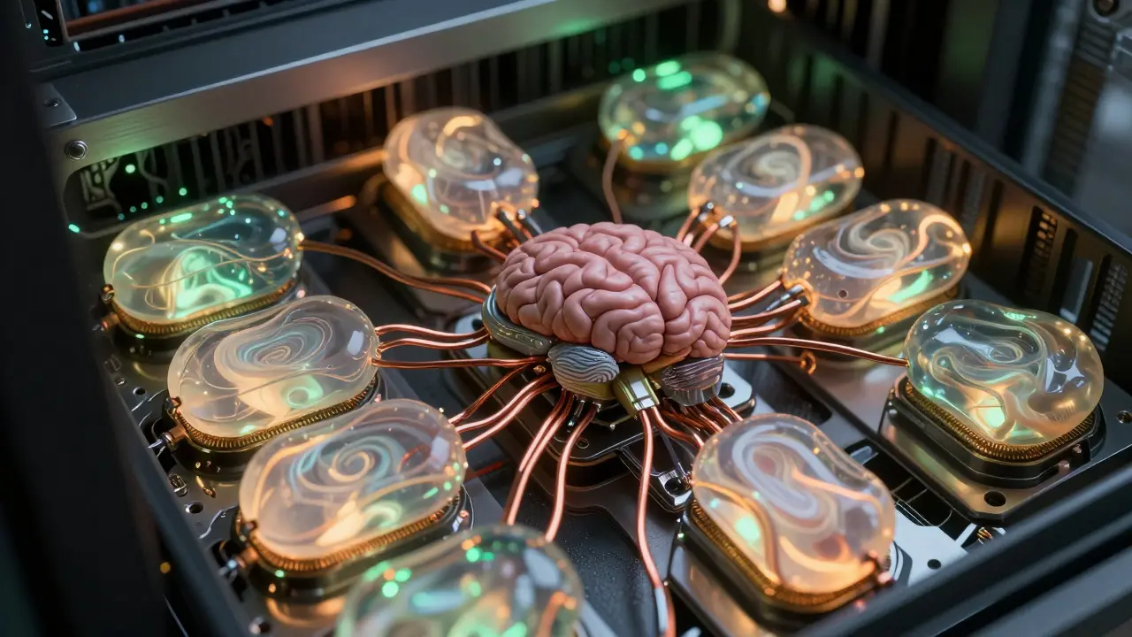 Server rack with organic memory pods connected to brain-like processor