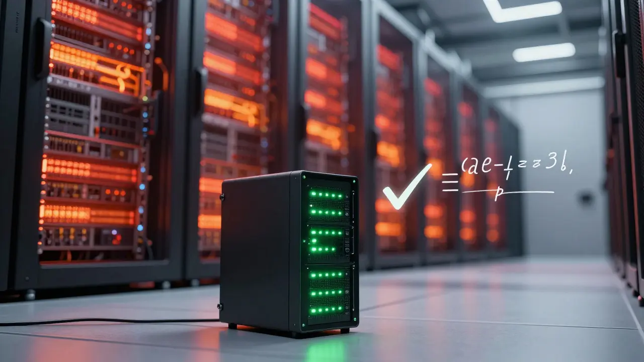 Small efficient server unit glowing green in a dark data center aisle