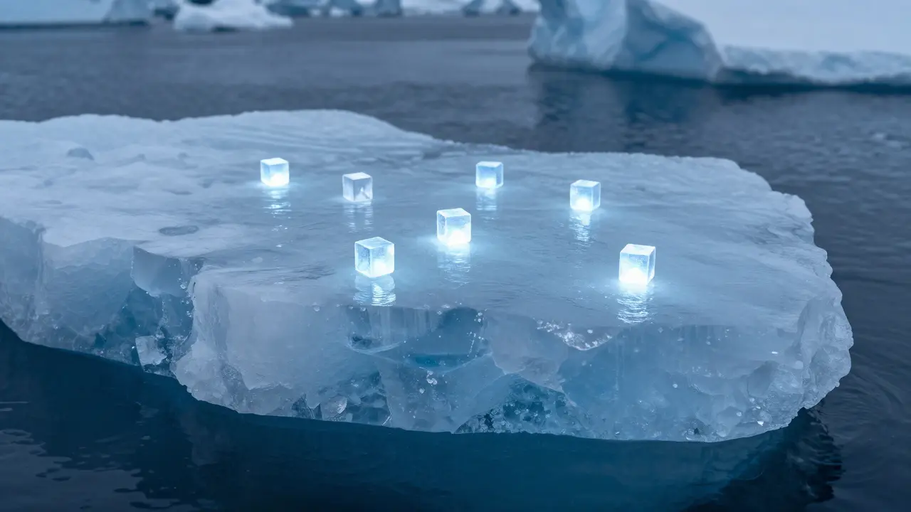 Small glowing blocks on an iceberg illustrating LoRA adapter technology.