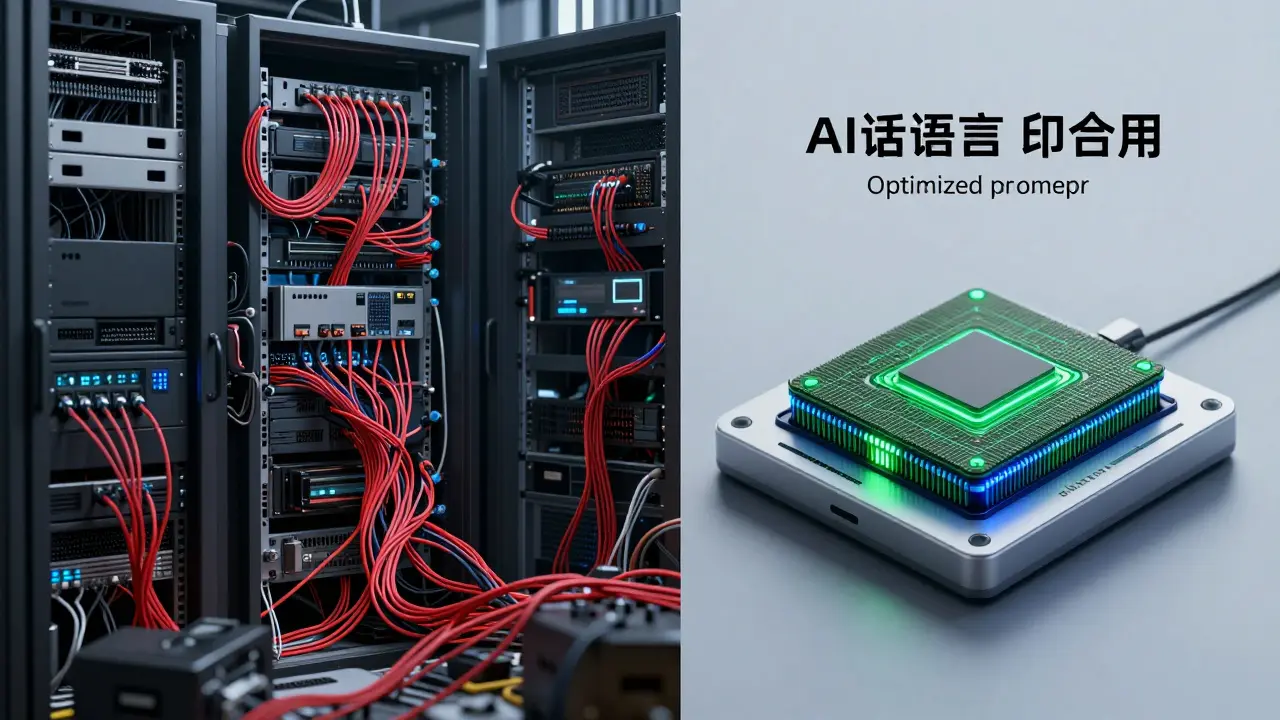 Split view of chaotic vs efficient AI processors, illustrating reduced costs and faster processing.