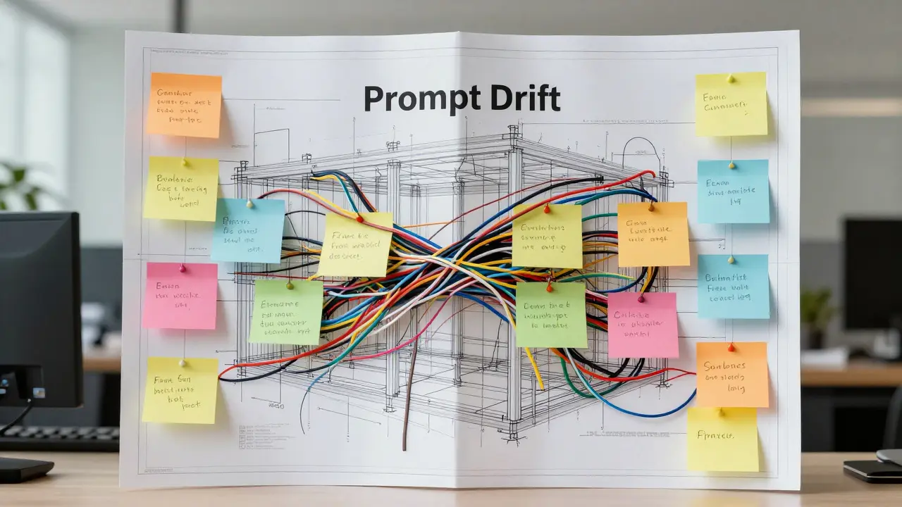 Tangled wires and sticky notes covering a clean blueprint