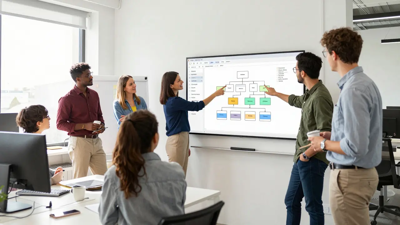 Team collaborating around updated architecture diagram in bright office