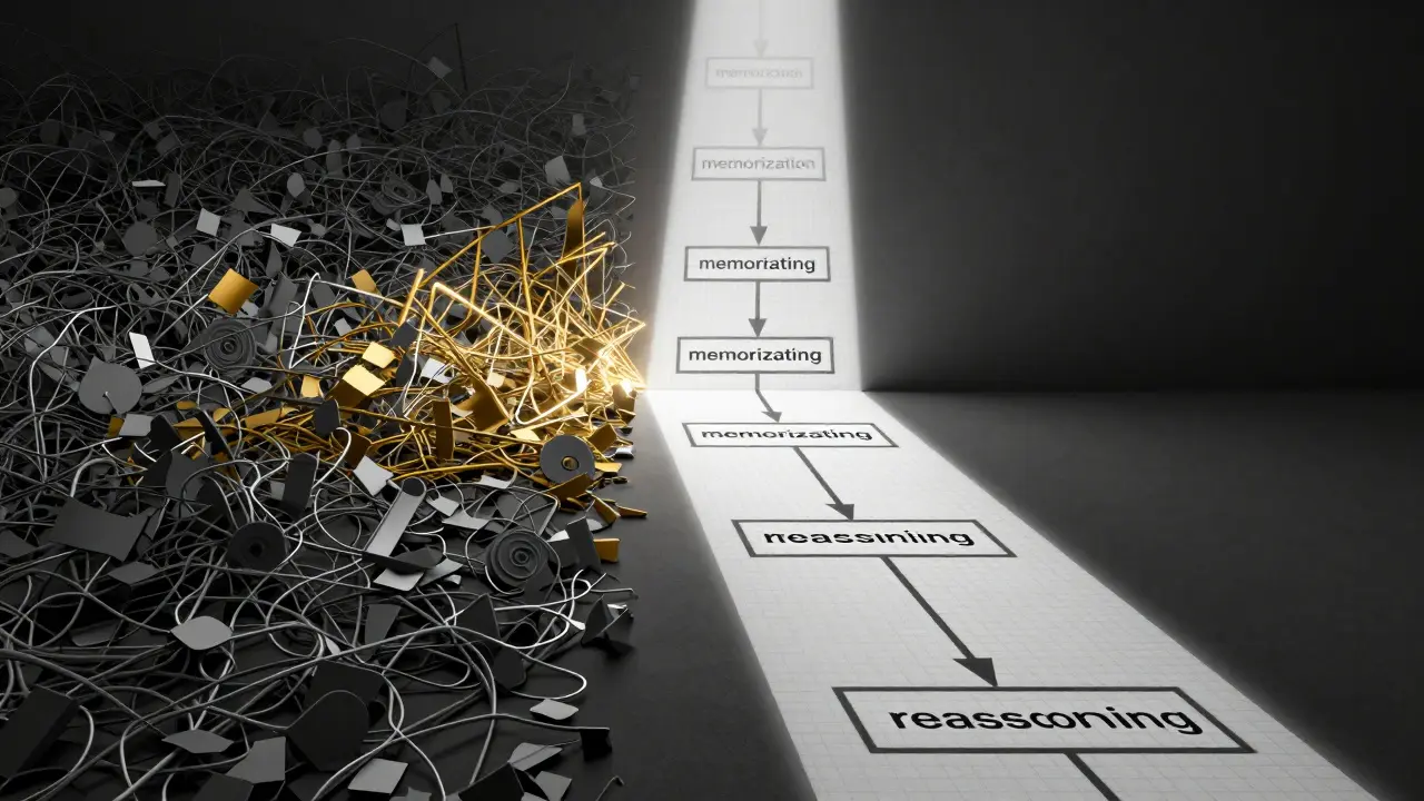 Abstract paths showing the contrast between AI memorization and logical reasoning