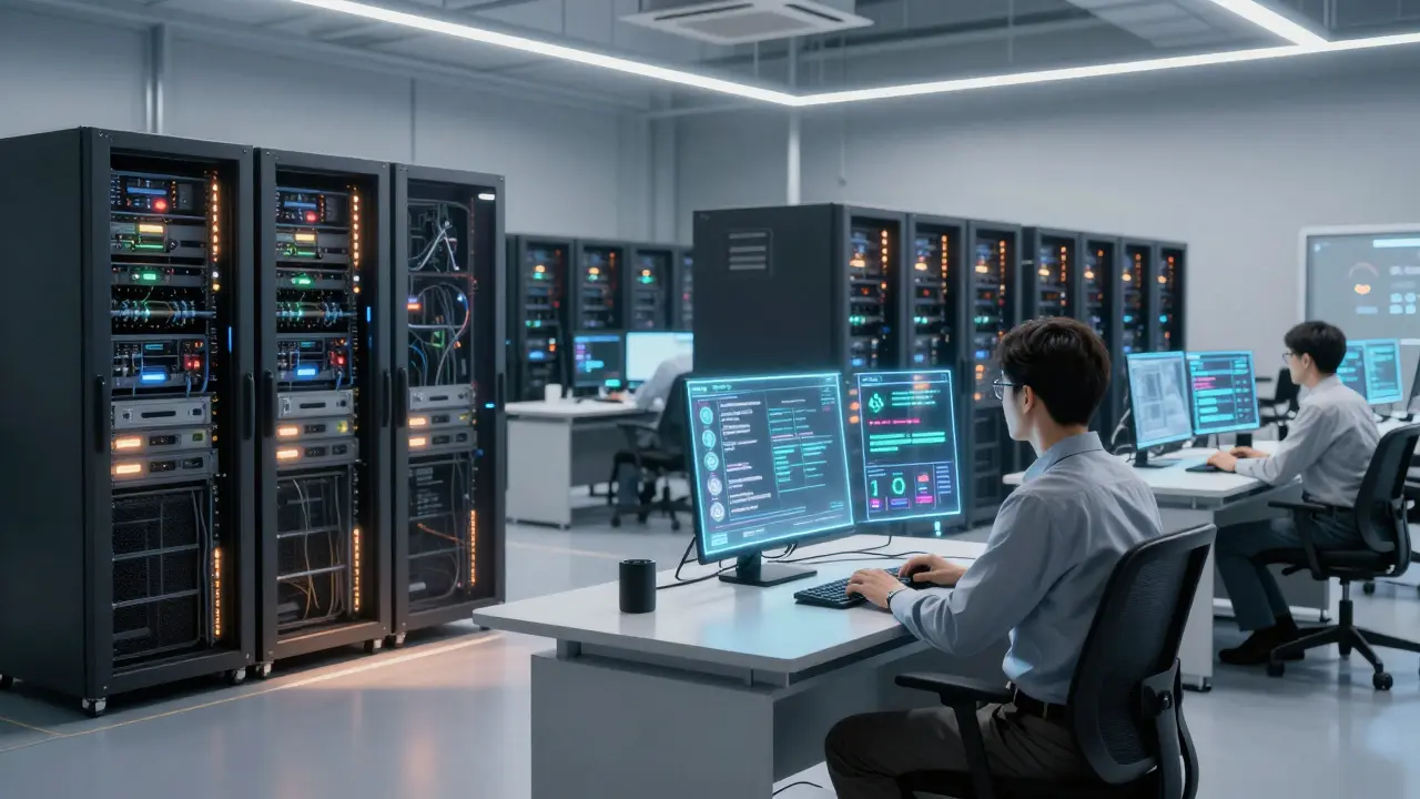 Analyst monitoring AI server infrastructure with holographic safety displays.