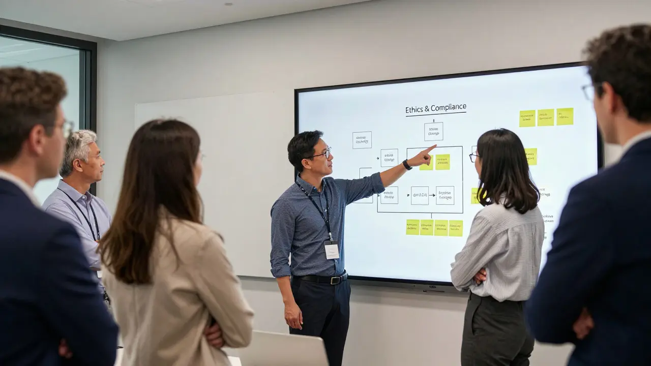 Business leaders collaborating on AI integration charts in a workshop.