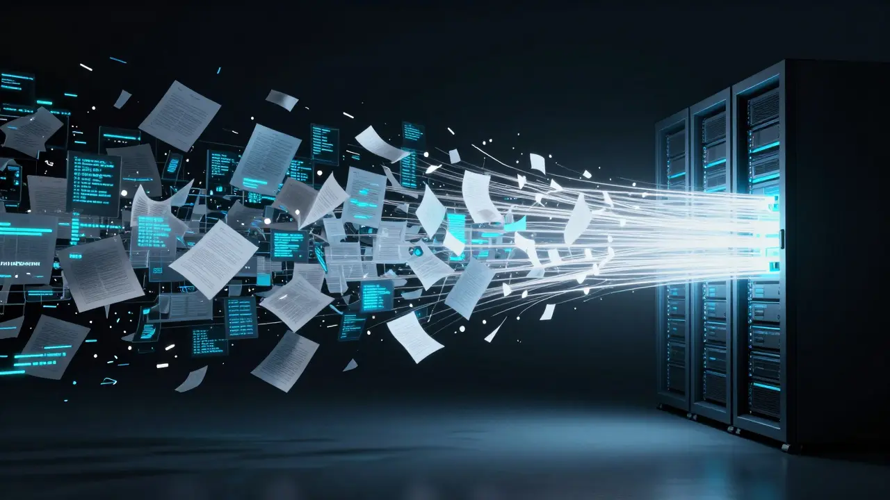 Chaotic data shards merging into a unified beam of light entering servers