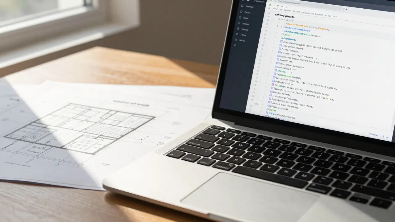 Clean code and blueprints on desk under warm sunlight