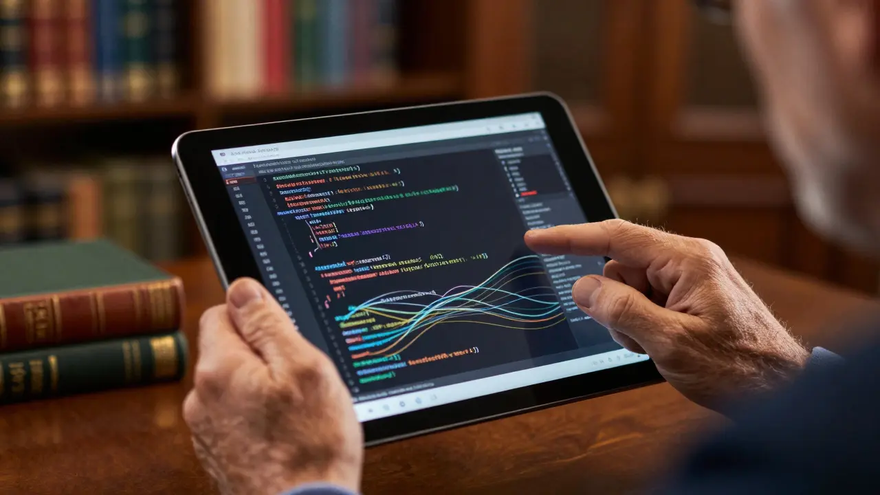 Close-up of executive using tablet with floating data streams in a library.