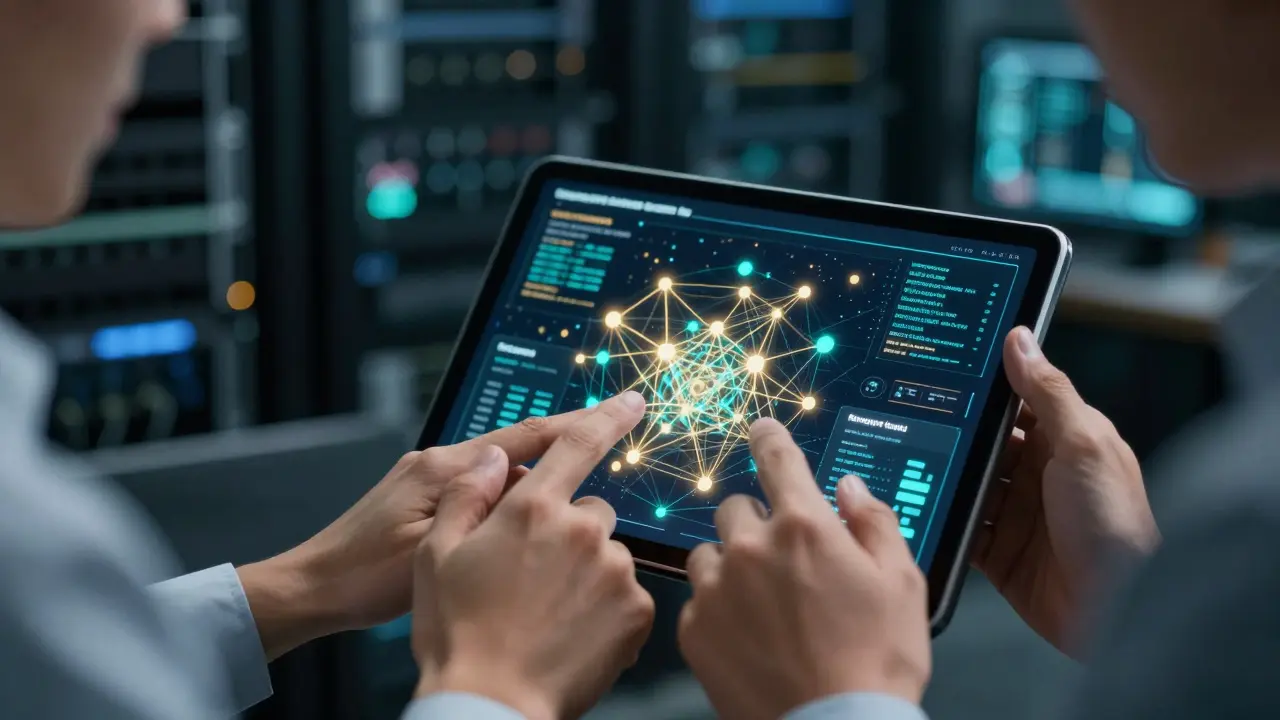 Close-up of professionals analyzing AI bias metrics on a digital tablet.