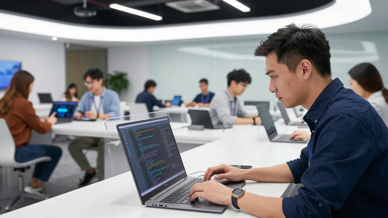 Developer reviewing code while non-technical users build apps in background