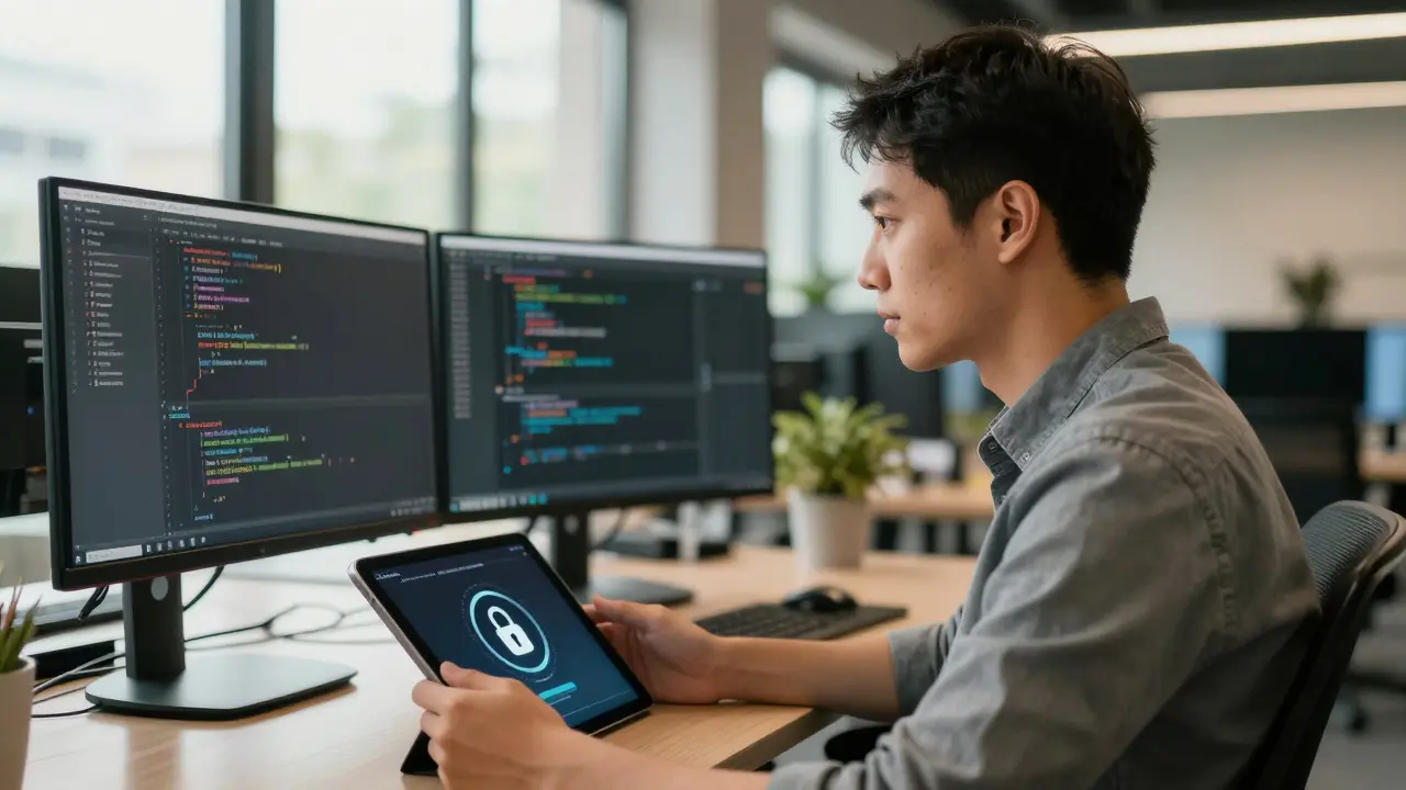 Developer reviewing secure AI code integration on a tablet