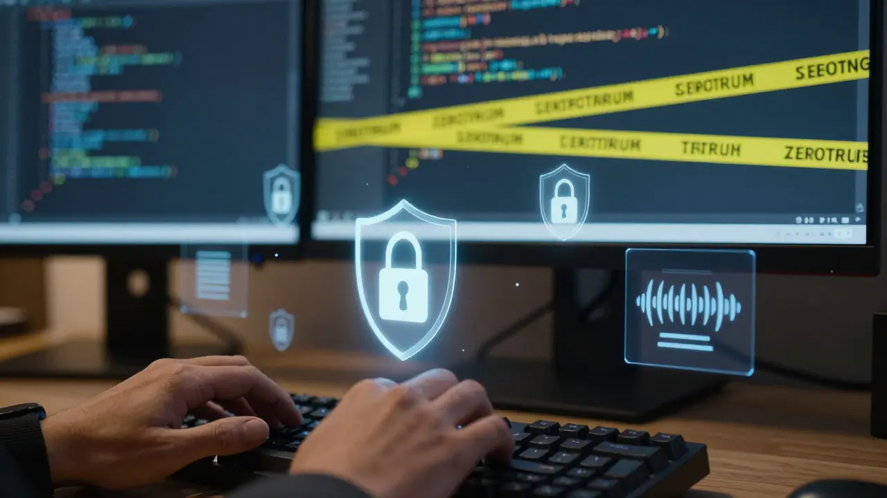 Developer typing with caution tape highlights on code screen
