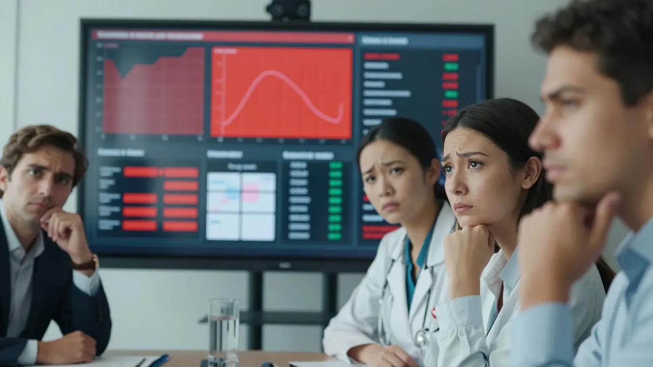 Diverse team analyzing AI bias metrics on a transparent display screen