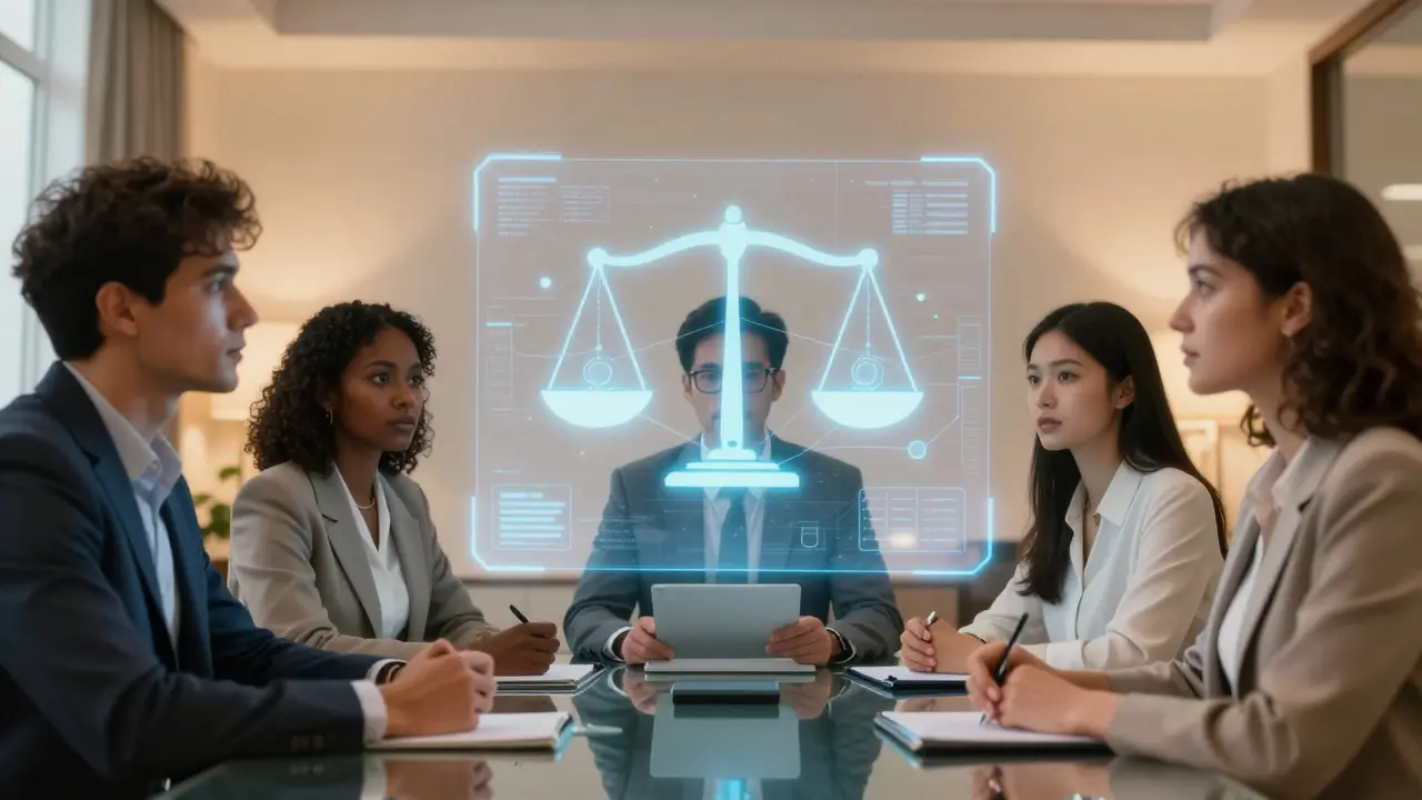 Diverse team analyzing holographic AI ethics and bias metrics.