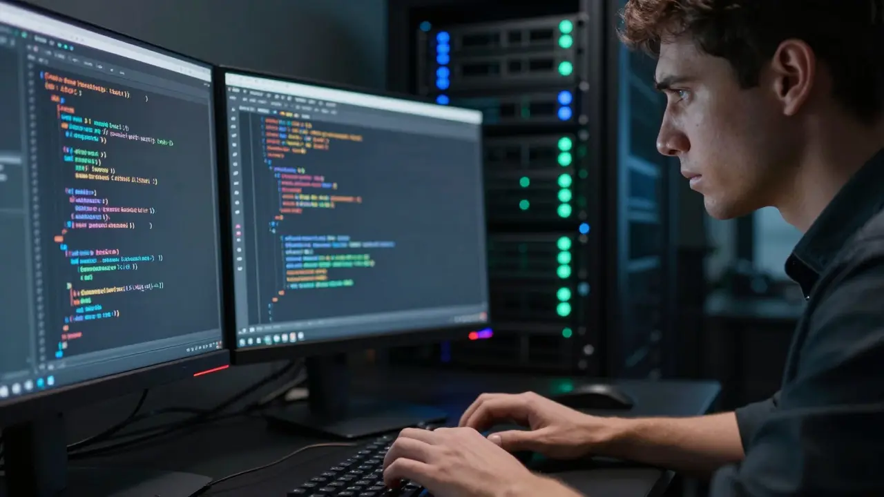 Engineer coding metadata tags for AI transparency on computer screens in a server room.