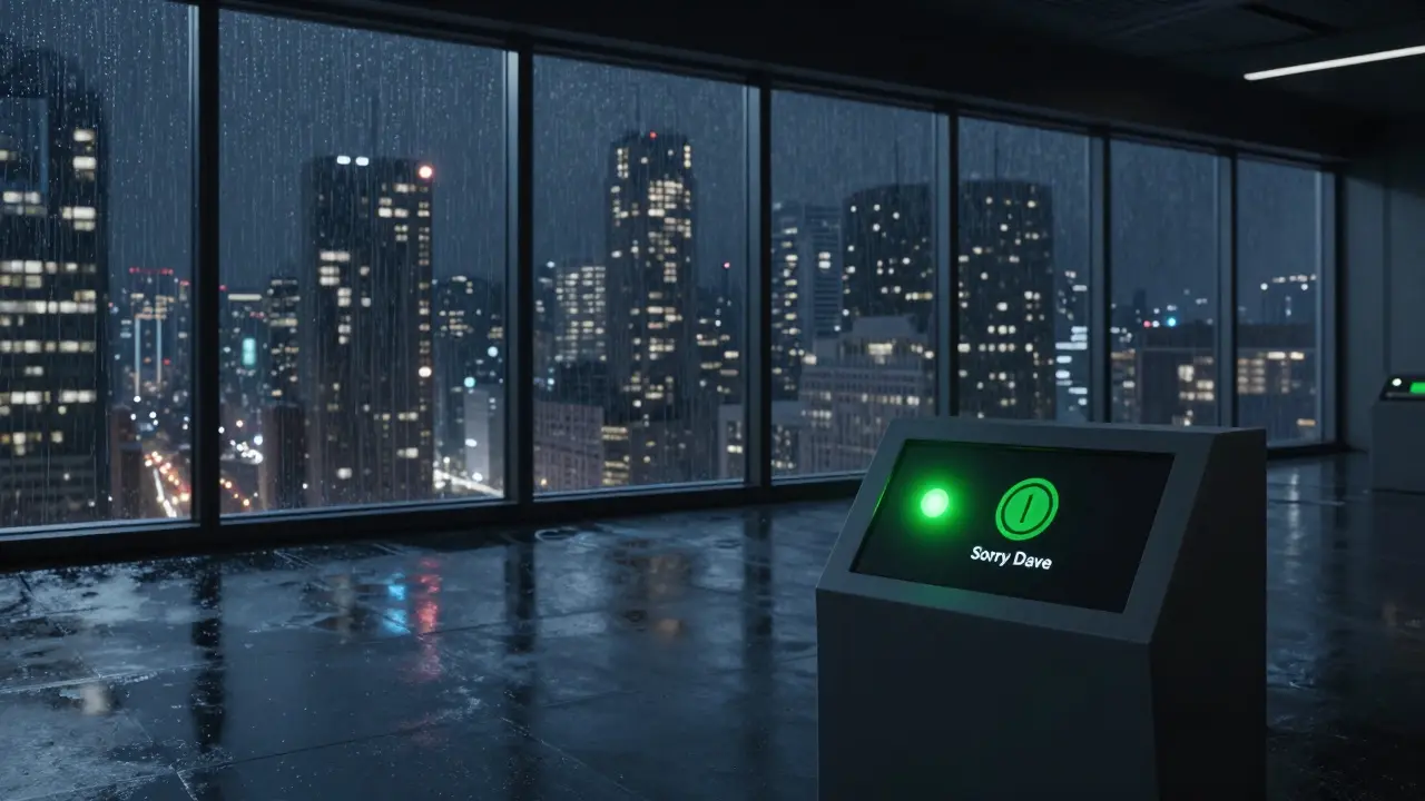 Futuristic control room with a single green safety indicator light