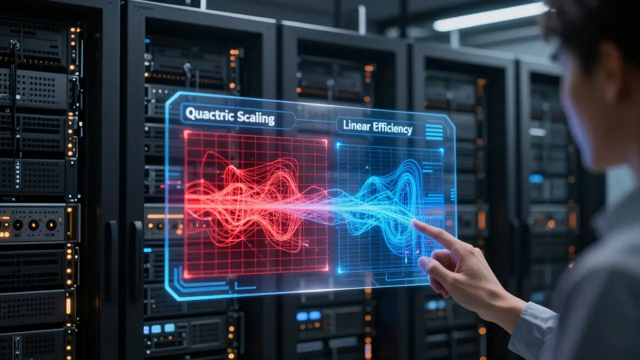 Futuristic server room with holographic display comparing inefficient quadratic scaling to efficient linear processing.