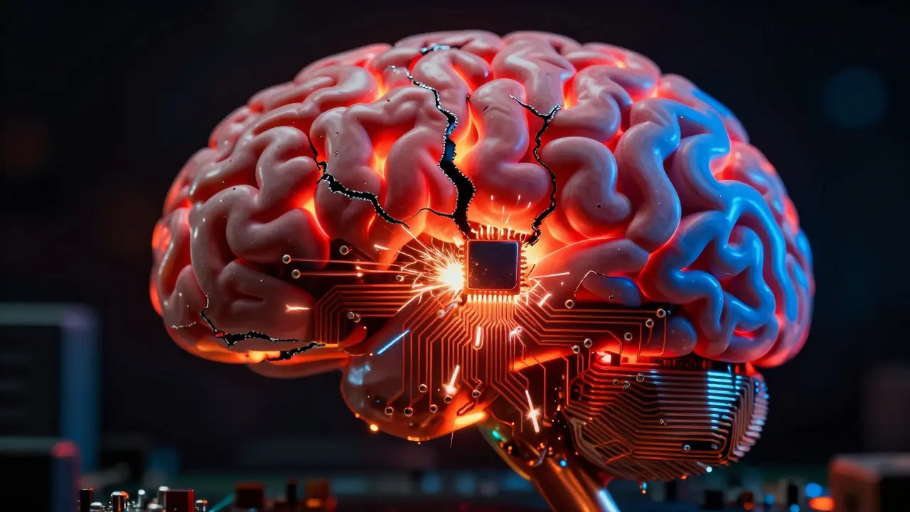 Glowing circuit board brain with sparks and cracks