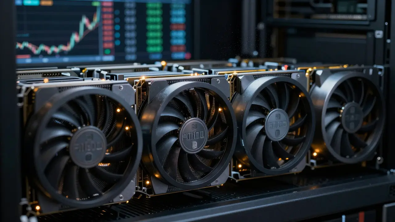 Glowing NVIDIA GPUs in server rack close-up
