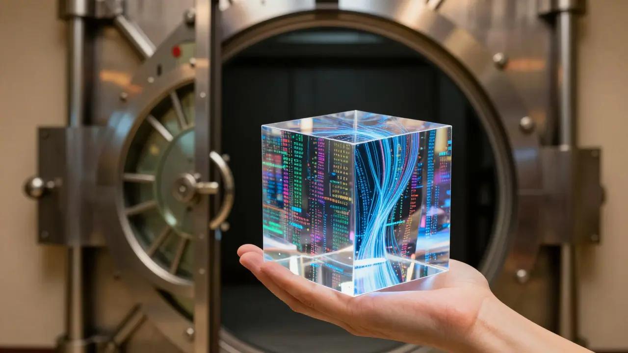 Hand holding data cube near open vault door symbolizing AI transparency