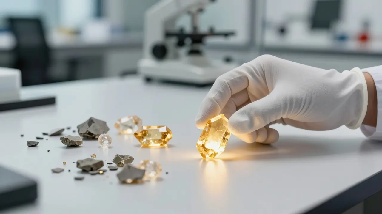 Hands carefully selecting golden data crystals on a white table