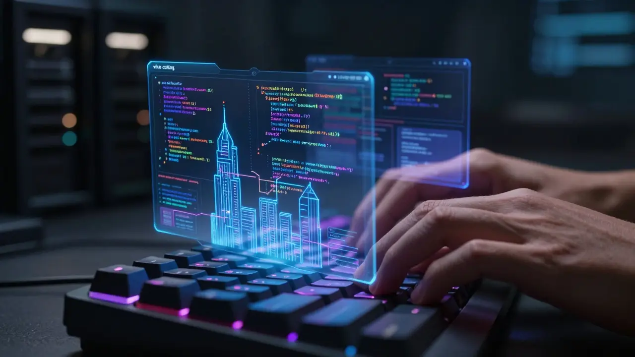Holographic code structures floating above a keyboard in a tech workspace