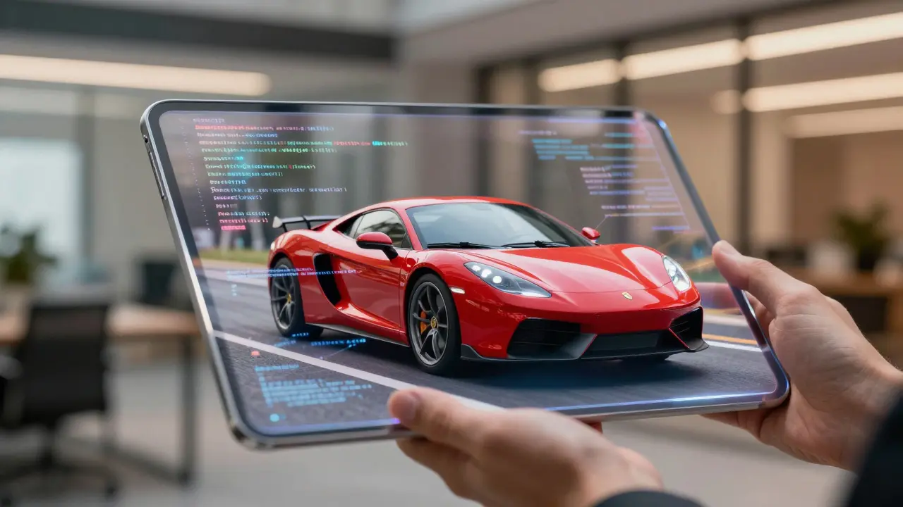 Holographic display linking visual elements of a car to floating text concepts