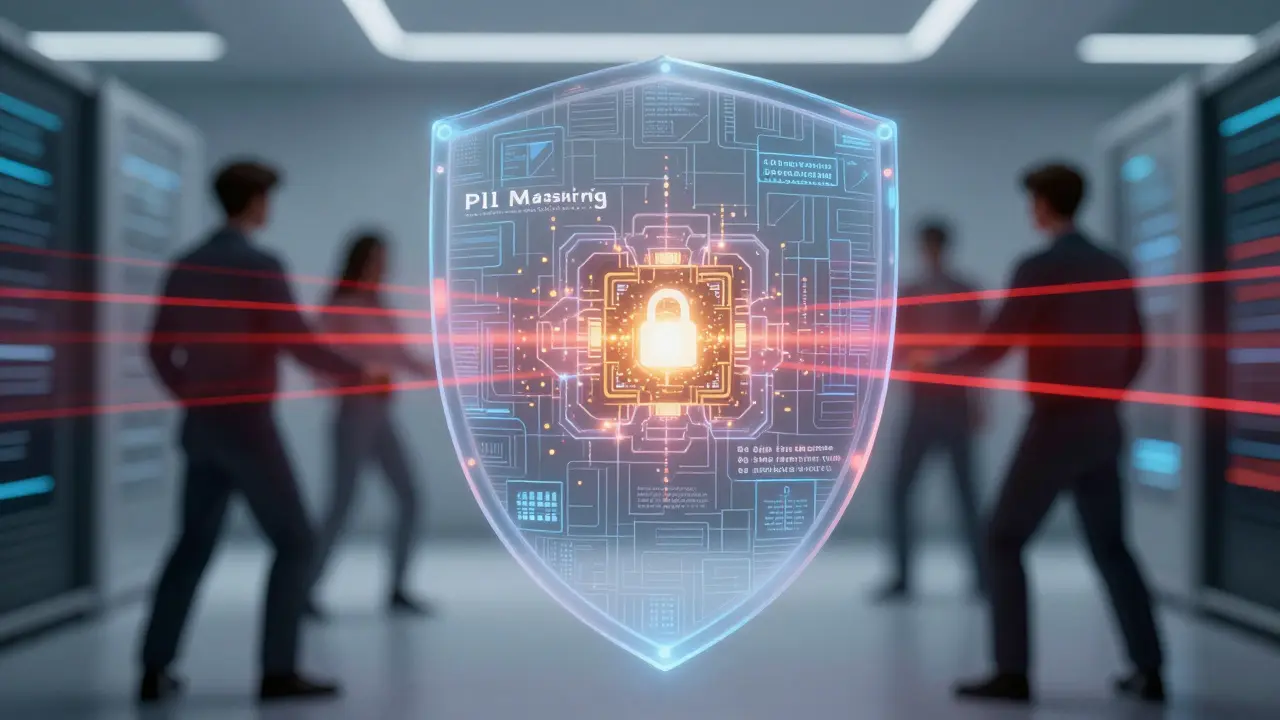 Holographic shield protecting golden data particles from shadowy threats