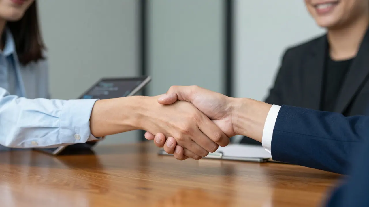 Interviewer and candidate shaking hands with tech aid