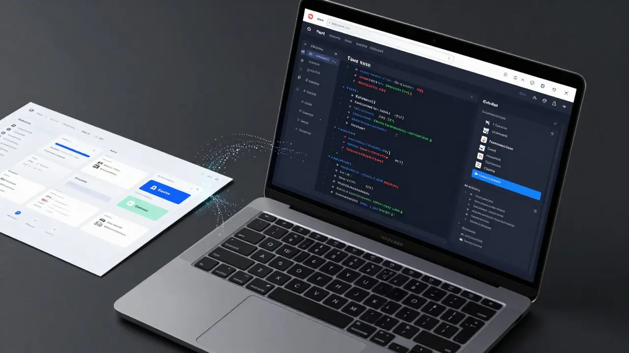 Laptop generating React code from a design mockup via AI tool v0