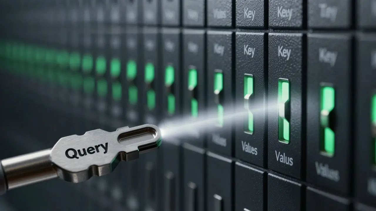 Macro view of a metallic query probe interacting with glowing key slots in a lab