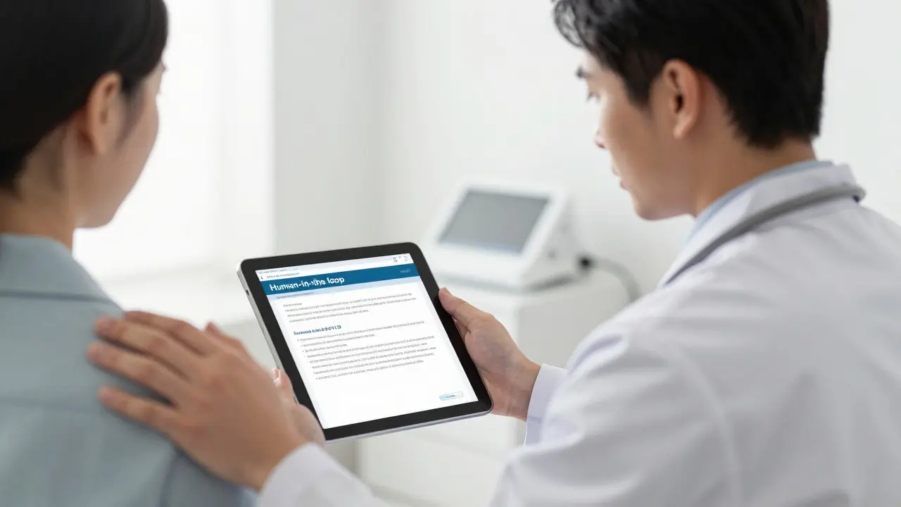 Physician supervising AI diagnostic tools while consulting with a patient in a clinic.