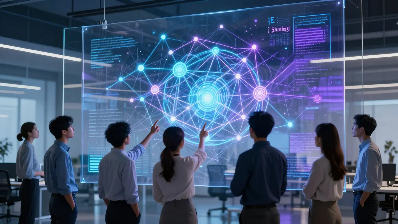 Researchers analyzing neural network visualization for AI evaluation