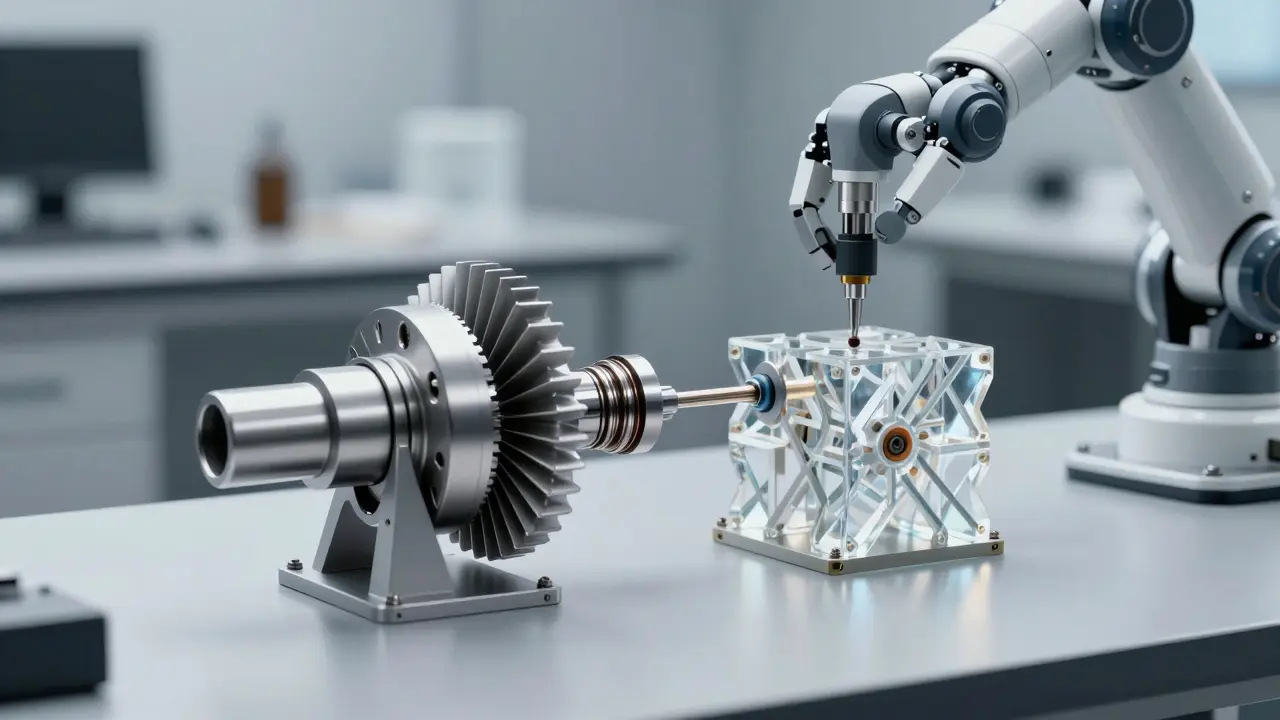 Robotic arm assembling a silver turbine and crystal lattice, representing the fusion of speed and precision in AI.