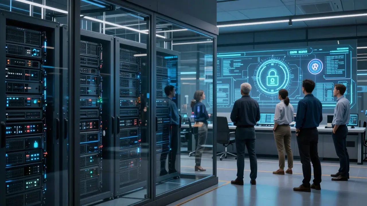 Secure server room with engineers monitoring