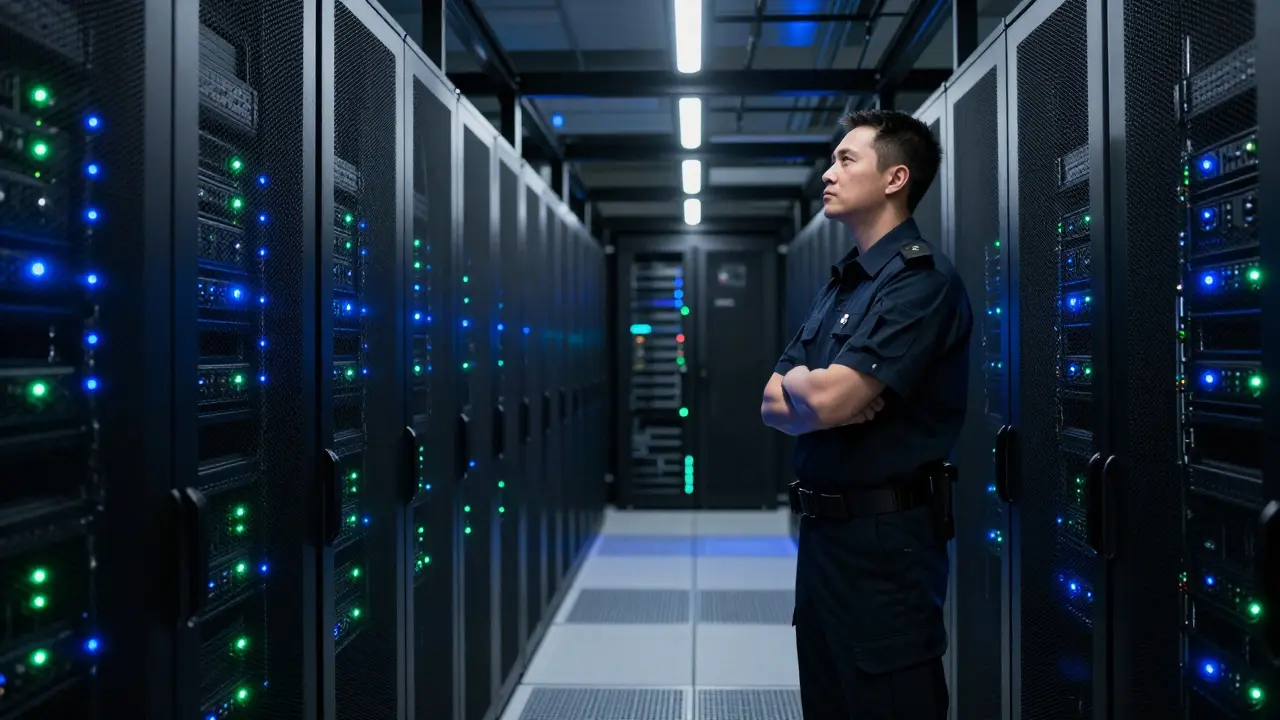 Secure server room with IT specialist overseeing AI infrastructure.