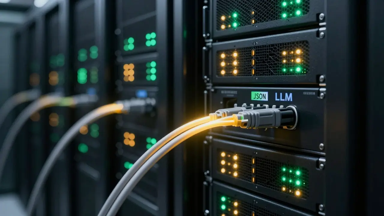 Server rack LEDs and glowing fiber optics representing backend execution