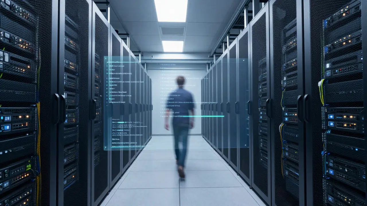Server room corridor with subtle digital overlays representing database migration processes.